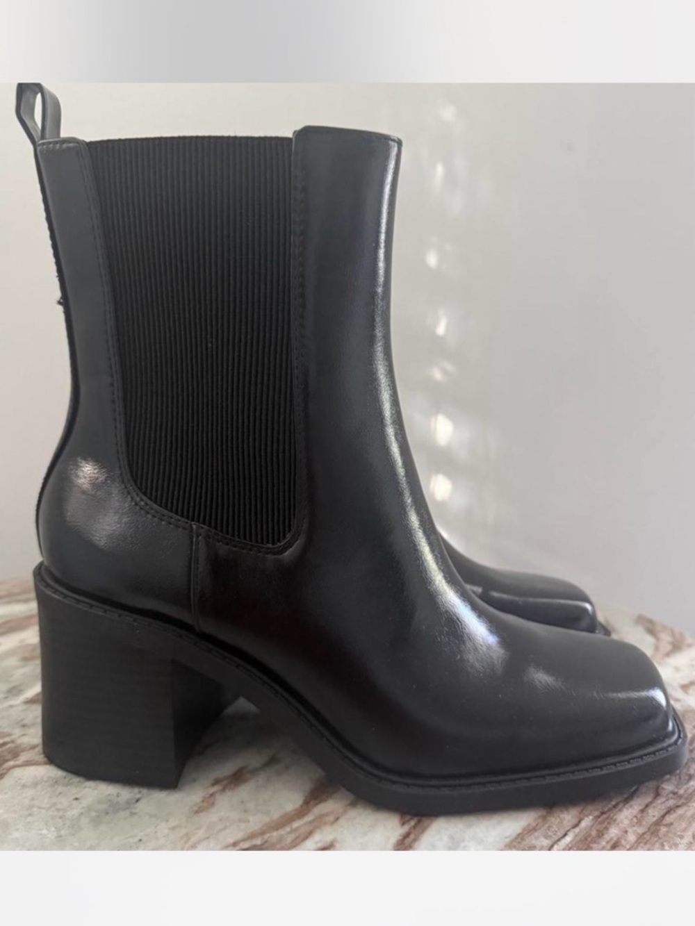 INC International Concepts Black Leather Chelsea Block Heel Ankle Boots